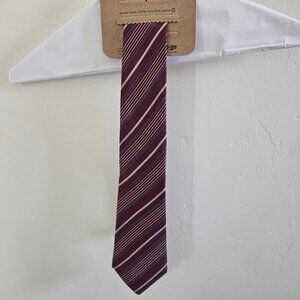 Men's 100% Chinese silk tie, burgundy background, colored stripes.